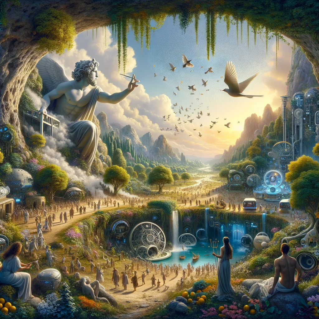 DALL·E 2024 03 18 18.24.06 In this image Orpheus is depicted emerging from a cave on the left side symbolizing his return from the underworld while not looking back to mainta