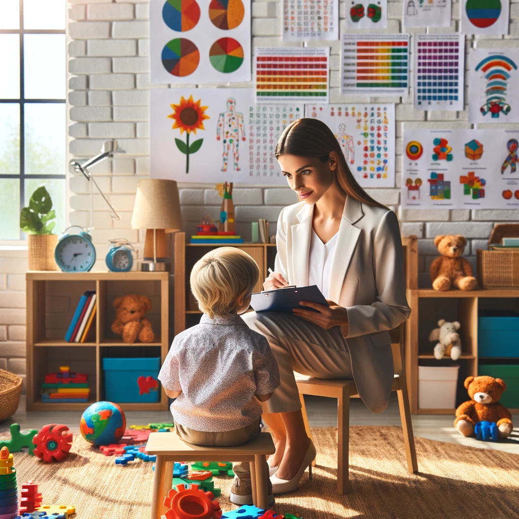 DALL·E 2024 03 19 11.03.02 Revise the image to remove the text on the wall maintaining the setting with a female educational psychologist administering the British Ability Scal