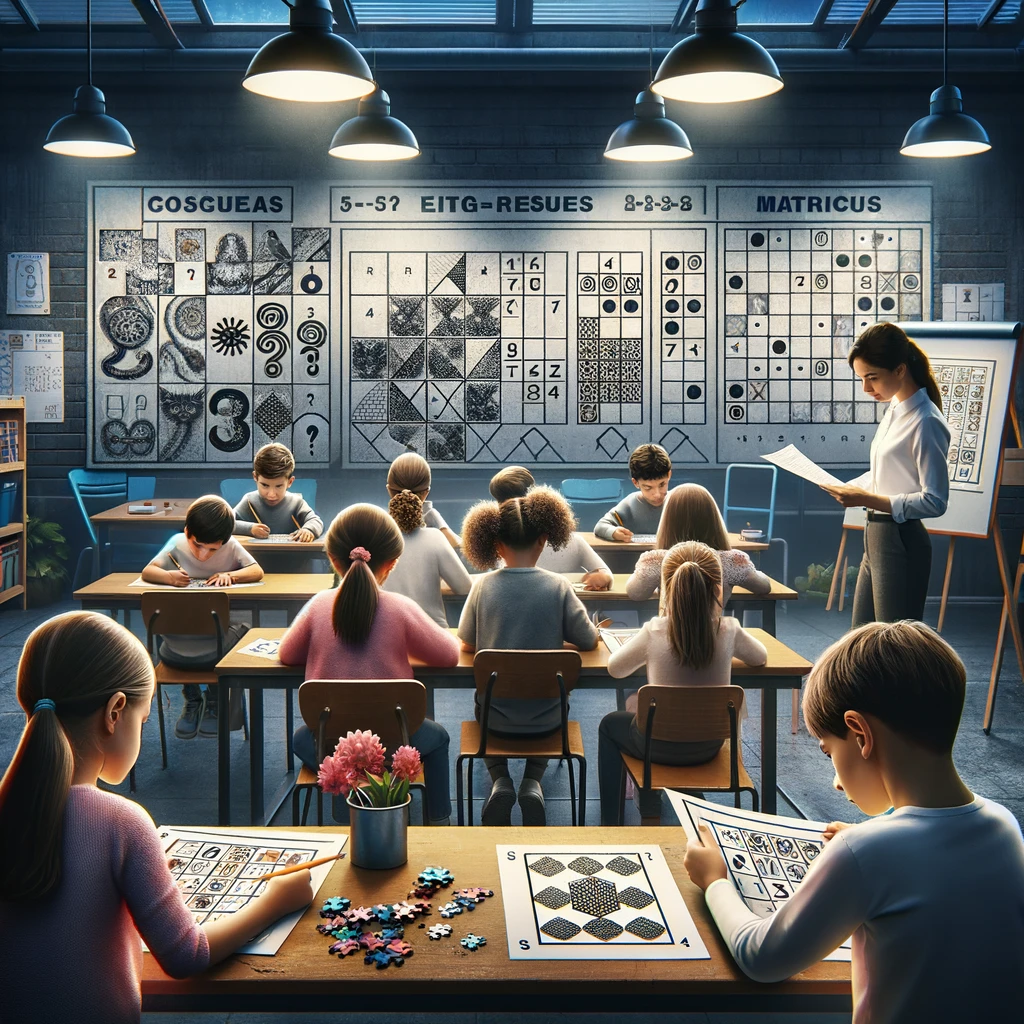 DALL·E 2024 03 19 11.20.15 Combine the earlier concept of a group of children aged between 4 and 7 taking a test administered by an educational psychologist with the new elem
