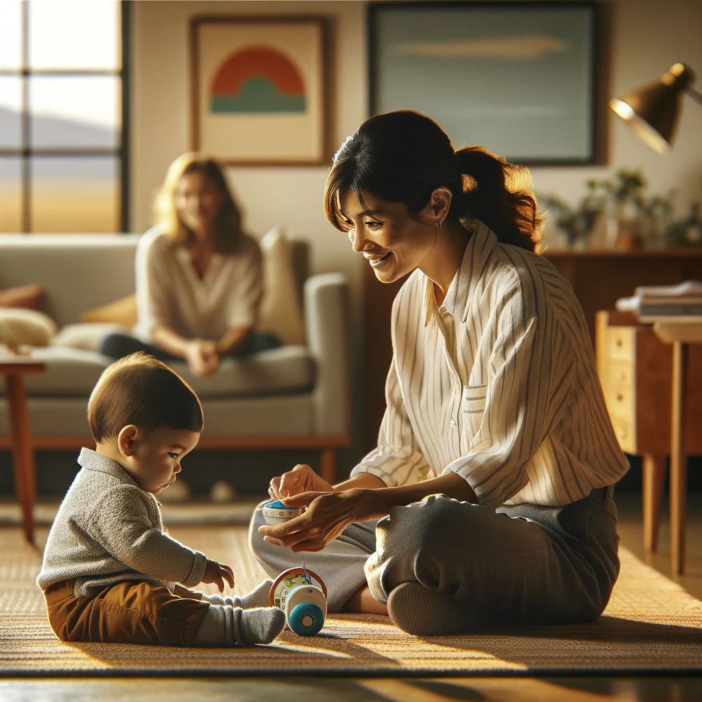 DALL·E 2024 03 19 11.37.52 Create an image that captures a very natural and informal scene of the Bayley Scales of Infant and Toddler Development assessment in a home setting. A