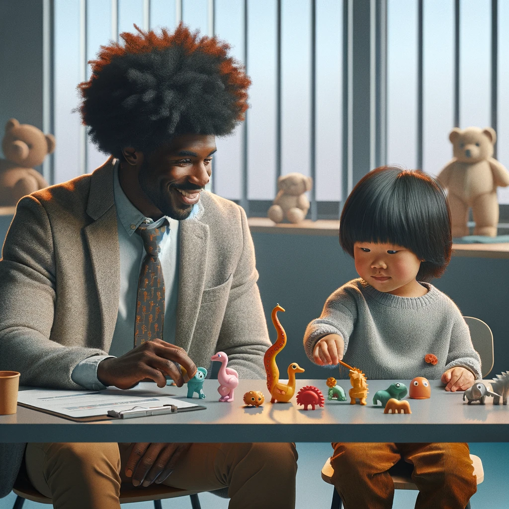 DALL·E 2024 03 19 12.16.50 Adjust the image to differentiate the hair styles and cultural background specifically depicting the child as Chinese and the Afro Caribbean psycholo