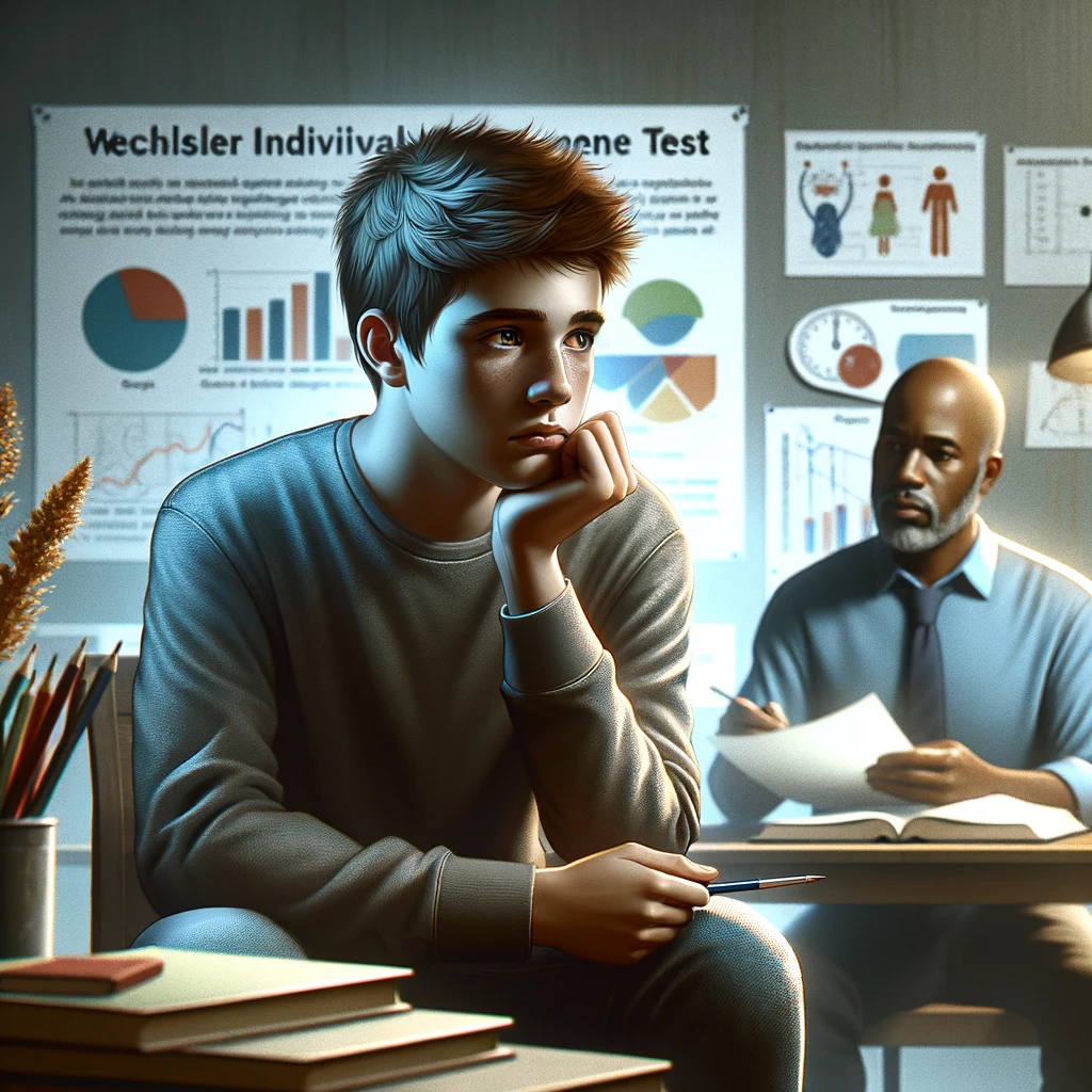 DALL·E 2024 03 20 12.07.36 Refine the image to more accurately reflect the context in which the Wechsler Individual Achievement Test WIAT is administered to a fourteen year ol