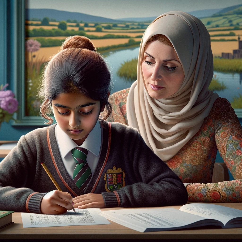 DALL·E 2024 03 20 12.28.40 Refine the image further to focus exclusively on the two main figures the 11 year old girl in an English school uniform and the South Asian female ed