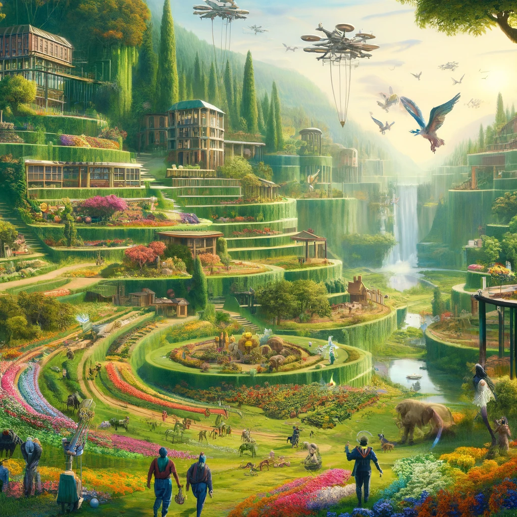 DALL·E 2024 04 08 14.10.57 An enriched vision of a utopian future in a countryside setting inspired by the Hanging Gardens of Babylon but with added vibrancy. This scene featur