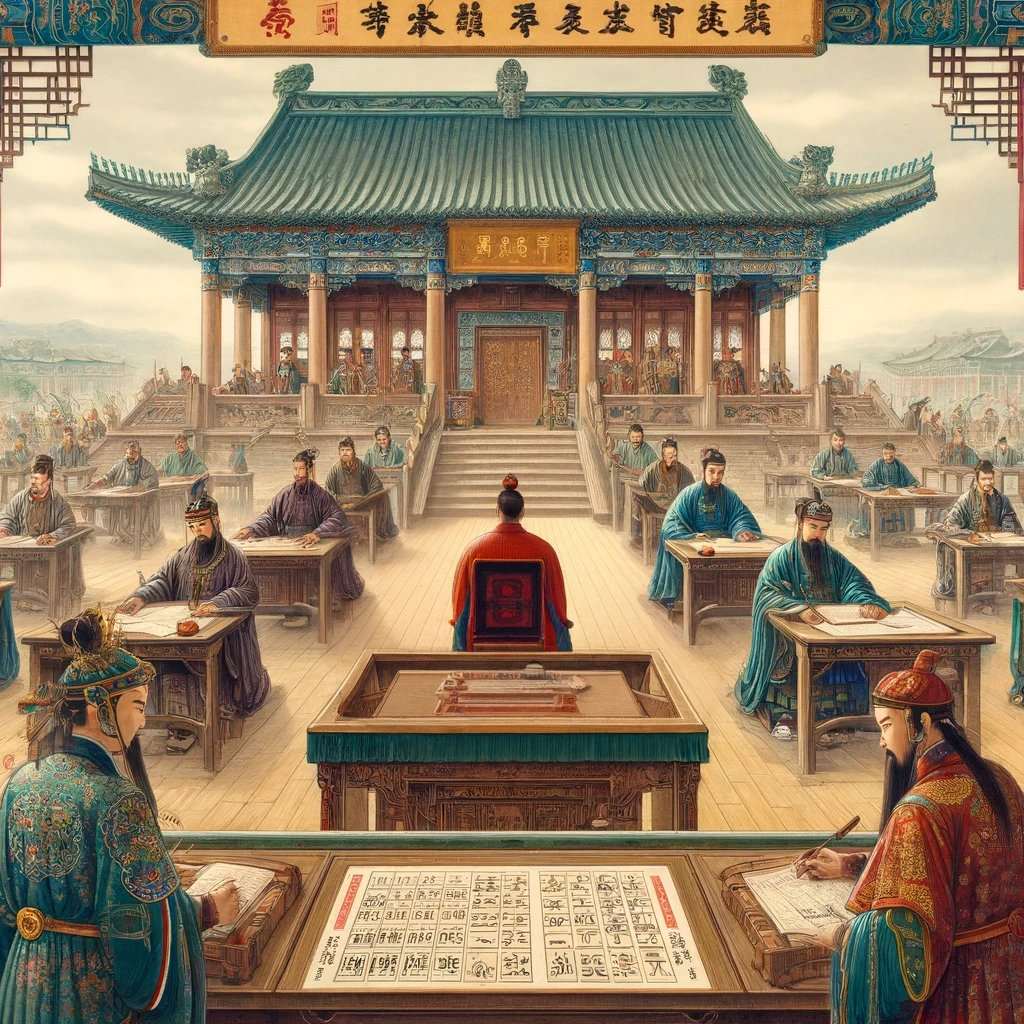 DALL·E 2024 04 08 14.42.05 A traditional Chinese painting depicting the use of examinations in ancient China as envisioned by artists of a later period. The artwork shows a gra