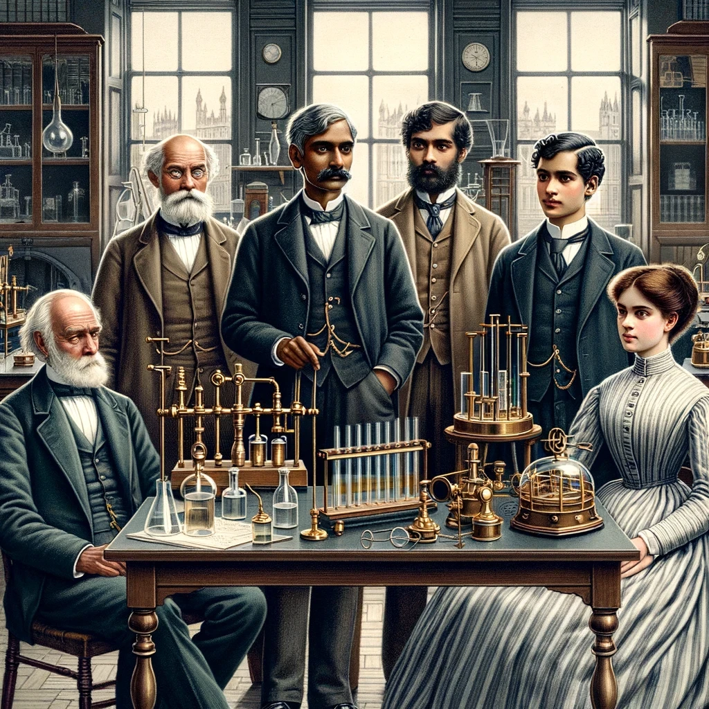 DALL·E 2024 04 08 14.55.03 In a Victorian era scene in a Cambridge laboratory modify the existing group of scientists to include Sigmund Freud in one highlighted spot and an o
