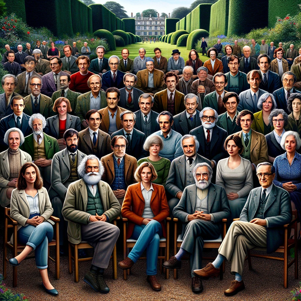 DALL·E 2024 04 08 15.26.03 A composite image of famous 20th century psychologists and cognitive scientists now depicted in a more casual setting within the Botanical Gardens r