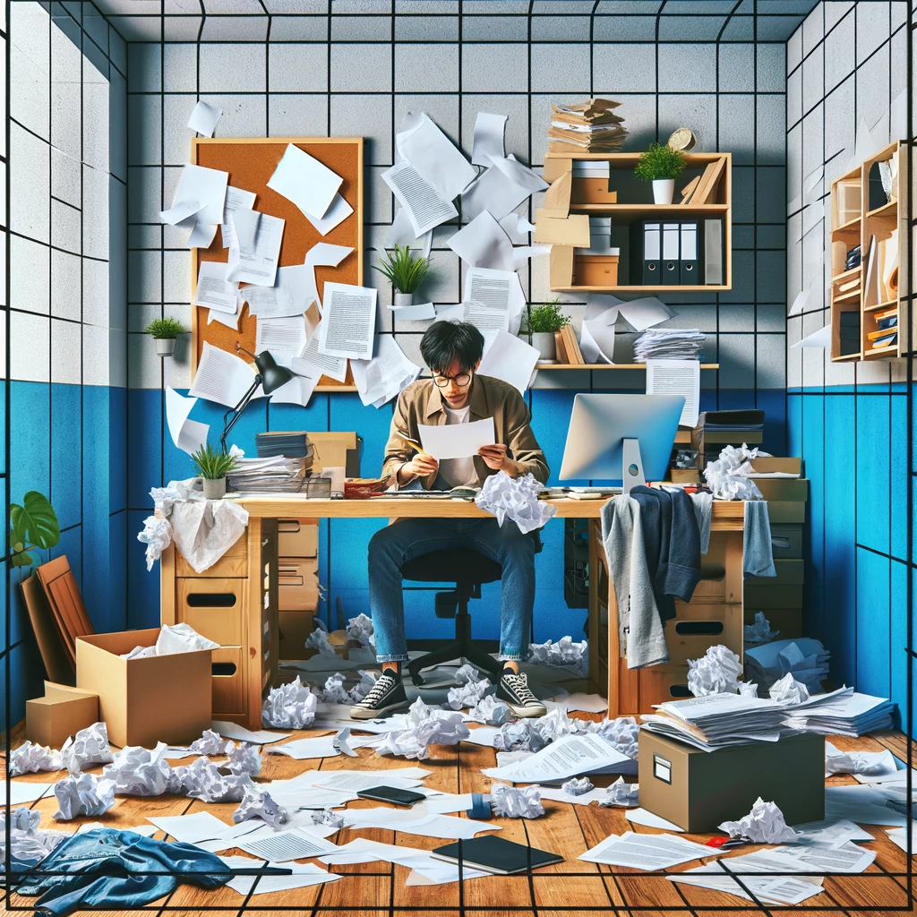 DALL·E 2024-06-04 Prompt JR An individual embodying '乱' (chaos) in a disorganized office Chaotic
